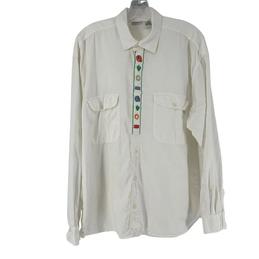 Chicos Vintage Shirt Southwestern White Embroidered Collared Button Up One Size